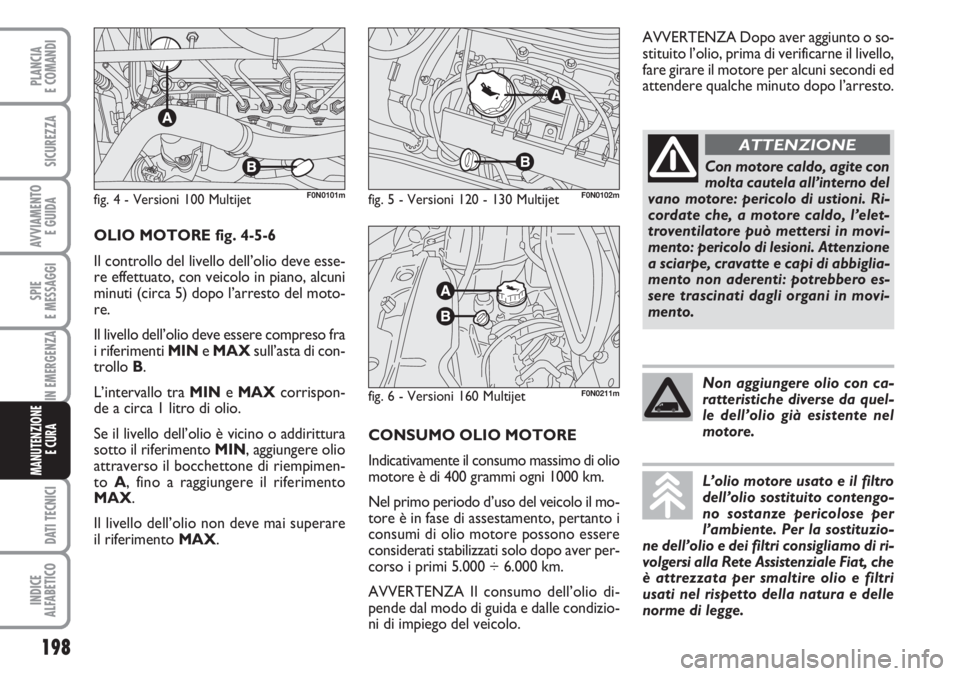 FIAT DUCATO 2007  Libretto Uso Manutenzione (in Italian) CONSUMO OLIO MOTORE
Indicativamente il consumo massimo di olio
motore è di 400 grammi ogni 1000 km.
Nel primo periodo d’uso del veicolo il mo-
tore è in fase di assestamento, pertanto i
consumi di