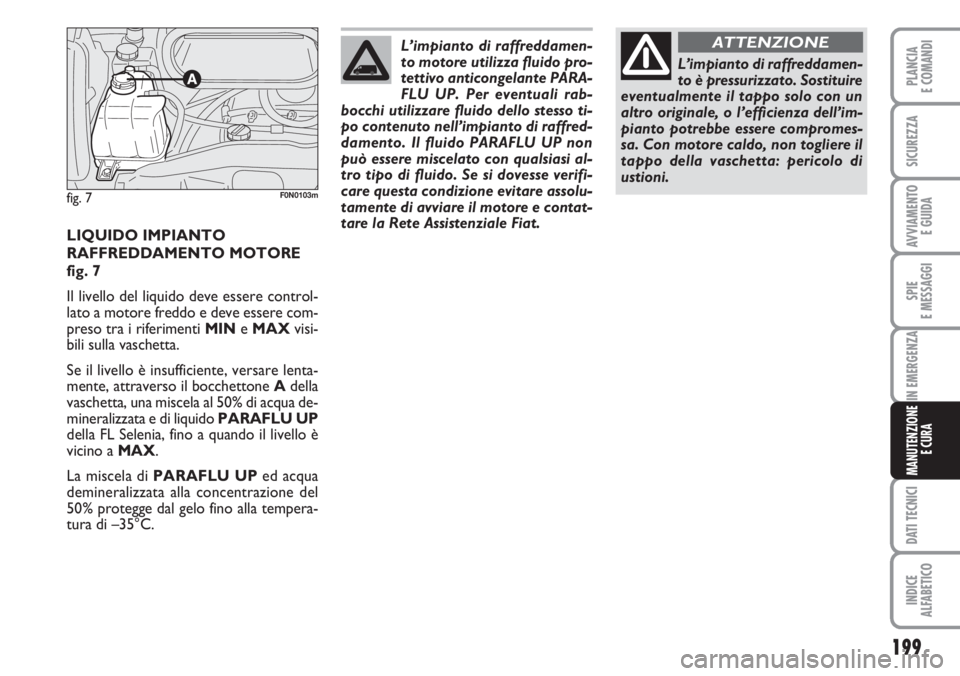 FIAT DUCATO 2007  Libretto Uso Manutenzione (in Italian) 199
SPIE
E MESSAGGI
DATI TECNICI
INDICE
ALFABETICO
PLANCIA
E COMANDI
SICUREZZA
AVVIAMENTO 
E GUIDA
IN EMERGENZA
MANUTENZIONE
E CURA
LIQUIDO IMPIANTO
RAFFREDDAMENTO MOTORE
fig. 7
Il livello del liquido