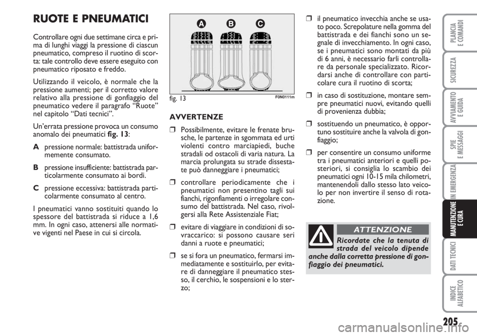 FIAT DUCATO 2007  Libretto Uso Manutenzione (in Italian) 205
SPIE
E MESSAGGI
DATI TECNICI
INDICE
ALFABETICO
PLANCIA
E COMANDI
SICUREZZA
AVVIAMENTO 
E GUIDA
IN EMERGENZA
MANUTENZIONE
E CURA
RUOTE E PNEUMATICI
Controllare ogni due settimane circa e pri-
ma di
