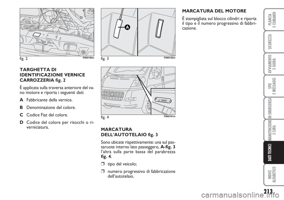 FIAT DUCATO 2007  Libretto Uso Manutenzione (in Italian) MARCATURA
DELL’AUTOTELAIO fig. 3
Sono ubicate rispettivamente: una sul pas-
saruote interno lato passeggero, A-fig. 3
l’altra sulla parte bassa del parabrezza 
fig. 4.
❒tipo del veicolo;
❒nume