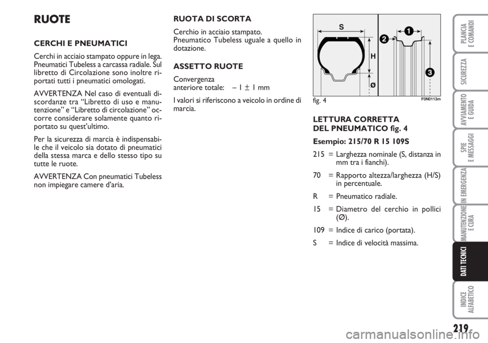 FIAT DUCATO 2007  Libretto Uso Manutenzione (in Italian) 219
SPIE
E MESSAGGI
INDICE
ALFABETICO
PLANCIA
E COMANDI
SICUREZZA
AVVIAMENTO 
E GUIDA
IN EMERGENZA
MANUTENZIONE
E CURA
DATI TECNICI
LETTURA CORRETTA 
DEL PNEUMATICO fig. 4
Esempio: 215/70 R 15 109S
21