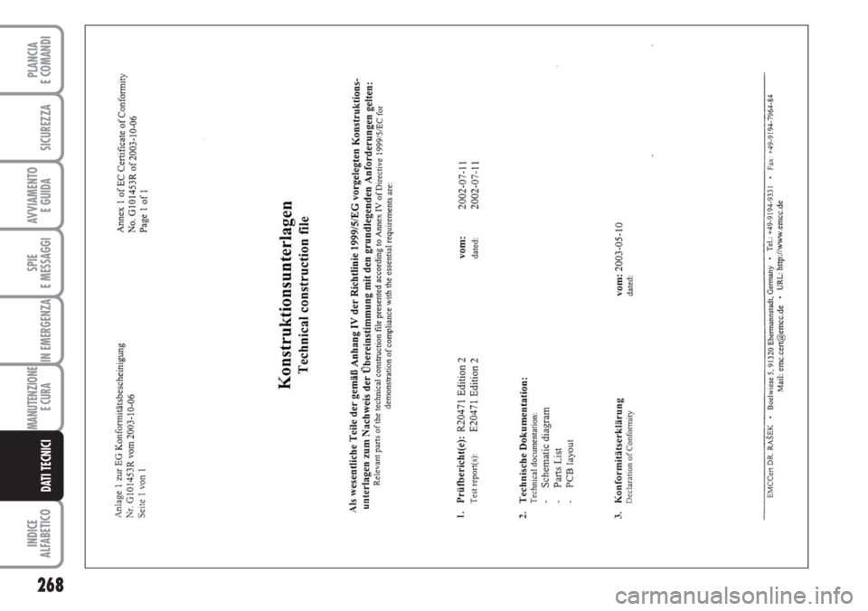 FIAT DUCATO 2007  Libretto Uso Manutenzione (in Italian) 268
SPIE
E MESSAGGI
INDICE
ALFABETICO
PLANCIA
E COMANDI
SICUREZZA
AVVIAMENTO 
E GUIDA
IN EMERGENZA
MANUTENZIONE
E CURA 
DATI TECNICI 