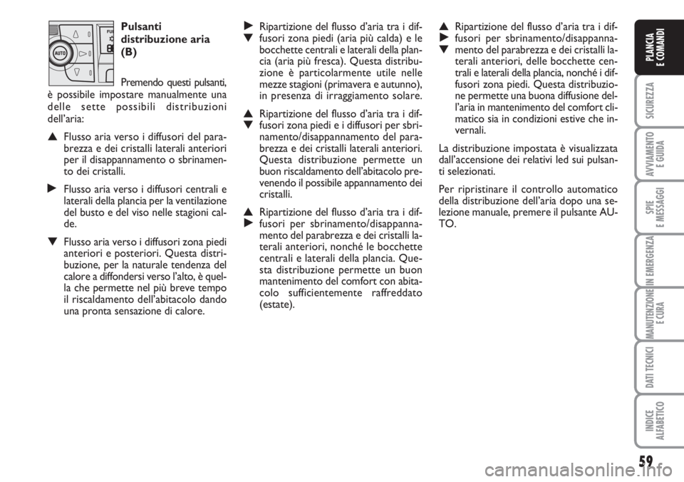 FIAT DUCATO 2007  Libretto Uso Manutenzione (in Italian) 59
SICUREZZA
AVVIAMENTO 
E GUIDA
SPIE
E MESSAGGI
IN EMERGENZA
MANUTENZIONE
E CURA
DATI TECNICI
INDICE
ALFABETICO
PLANCIA
E COMANDI
Pulsanti 
distribuzione aria
(B)
Premendo questi pulsanti,
è possibi