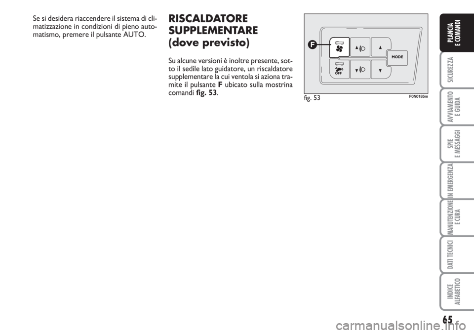 FIAT DUCATO 2007  Libretto Uso Manutenzione (in Italian) 65
SICUREZZA
AVVIAMENTO 
E GUIDA
SPIE
E MESSAGGI
IN EMERGENZA
MANUTENZIONE
E CURA
DATI TECNICI
INDICE
ALFABETICO
PLANCIA
E COMANDI
RISCALDATORE
SUPPLEMENTARE 
(dove previsto)
Su alcune versioni è ino
