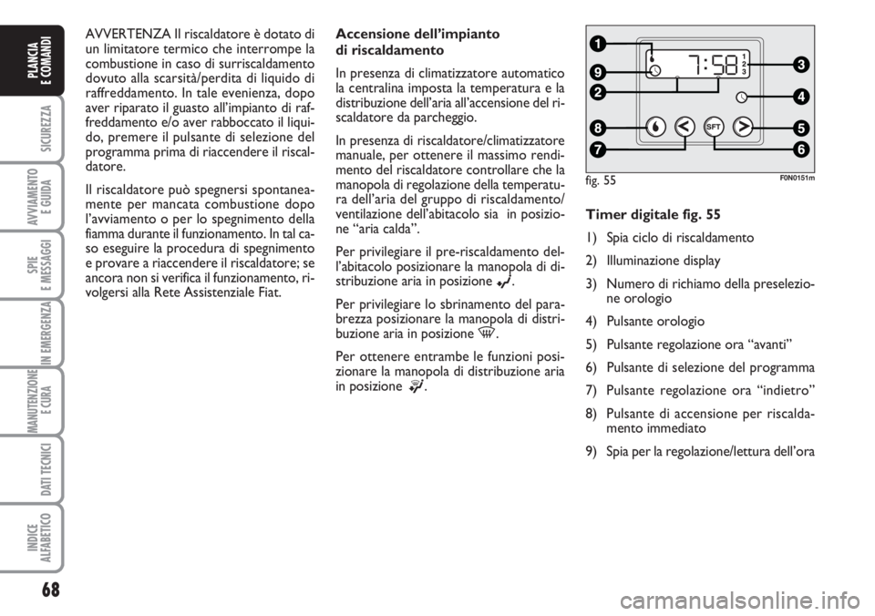 FIAT DUCATO 2007  Libretto Uso Manutenzione (in Italian) 68
SICUREZZA
AVVIAMENTO 
E GUIDA
SPIE
E MESSAGGI
IN EMERGENZA
MANUTENZIONE
E CURA 
DATI TECNICI
INDICE
ALFABETICO
PLANCIA
E COMANDI
AVVERTENZA Il riscaldatore è dotato di
un limitatore termico che in