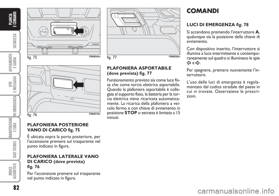 FIAT DUCATO 2007  Libretto Uso Manutenzione (in Italian) 82
SICUREZZA
AVVIAMENTO 
E GUIDA
SPIE
E MESSAGGI
IN EMERGENZA
MANUTENZIONE
E CURA 
DATI TECNICI
INDICE
ALFABETICO
PLANCIA
E COMANDI
PLAFONIERA POSTERIORE
VANO DI CARICO fig. 75
È ubicata sopra la por