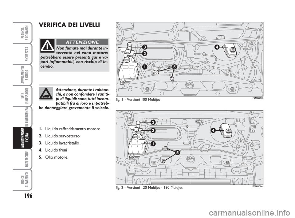FIAT DUCATO 2008  Libretto Uso Manutenzione (in Italian) 196
SPIE
E MESSAGGI
DATI TECNICI
INDICE
ALFABETICO
PLANCIA
E COMANDI
SICUREZZA
AVVIAMENTO 
E GUIDA
IN EMERGENZA
MANUTENZIONE
E CURA 
VERIFICA DEI LIVELLI
fig. 1 - Versioni 100 Multijet
fig. 2 - Versio
