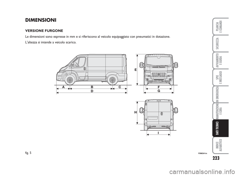 FIAT DUCATO 2008  Libretto Uso Manutenzione (in Italian) 223
SPIE
E MESSAGGI
INDICE
ALFABETICO
PLANCIA
E COMANDI
SICUREZZA
AVVIAMENTO 
E GUIDA
IN EMERGENZA
MANUTENZIONE
E CURA
DATI TECNICI
DIMENSIONI
VERSIONE FURGONE
Le dimensioni sono espresse in mm e si r