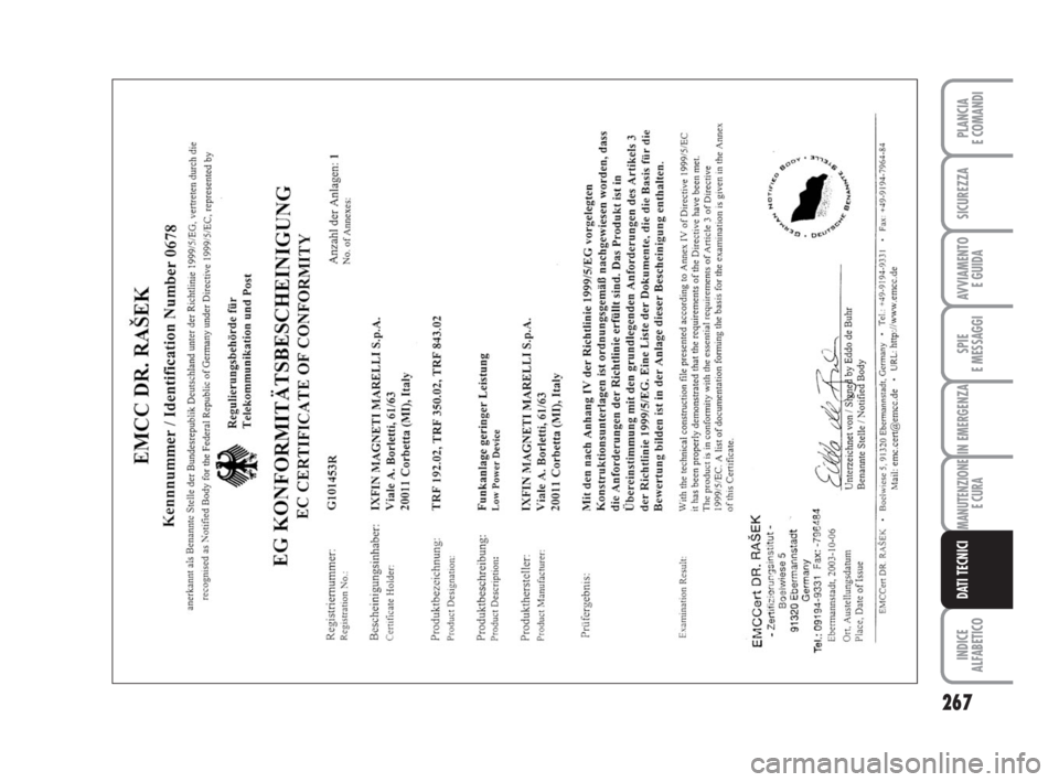 FIAT DUCATO 2008  Libretto Uso Manutenzione (in Italian) 267
SPIE
E MESSAGGI
INDICE
ALFABETICO
PLANCIA
E COMANDI
SICUREZZA
AVVIAMENTO 
E GUIDA
IN EMERGENZA
MANUTENZIONE
E CURA
DATI TECNICI
211-269 Ducato IT  6-11-2007  9:18  Pagina 267 