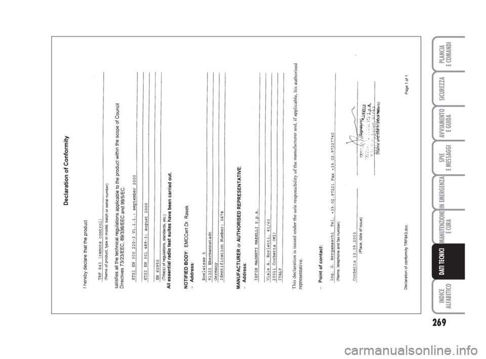FIAT DUCATO 2008  Libretto Uso Manutenzione (in Italian) 269
SPIE
E MESSAGGI
INDICE
ALFABETICO
PLANCIA
E COMANDI
SICUREZZA
AVVIAMENTO 
E GUIDA
IN EMERGENZA
MANUTENZIONE
E CURA
DATI TECNICI
211-269 Ducato IT  6-11-2007  9:18  Pagina 269 