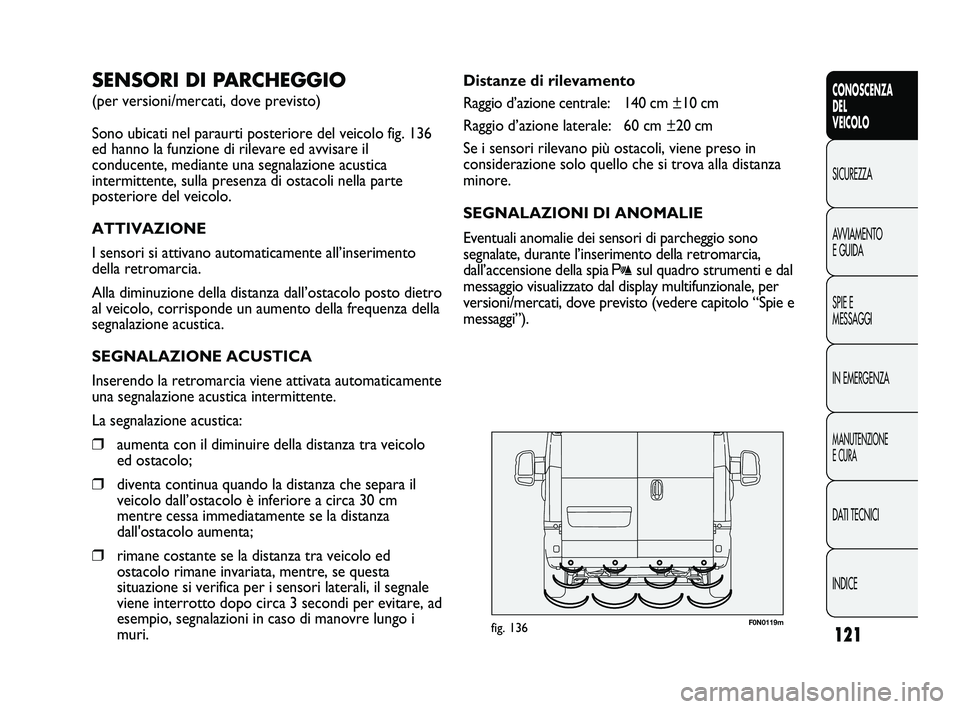 FIAT DUCATO 2010 Libretto Uso Manutenzione (in Italian) 121
CONOSCENZA
DEL
VEICOLO
SICUREZZA
AVVIAMENTO
E GUIDA
SPIE E
MESSAGGI
IN EMERGENZA
MANUTENZIONE
E CURA
DATI TECNICI
INDICE
F0N0119mfig. 136
Distanze di rilevamento
Raggio d’azione centrale: 140 cm FIAT DUCATO 2010 Libretto Uso Manutenzione (in Italian) 121
CONOSCENZA
DEL
VEICOLO
SICUREZZA
AVVIAMENTO
E GUIDA
SPIE E
MESSAGGI
IN EMERGENZA
MANUTENZIONE
E CURA
DATI TECNICI
INDICE
F0N0119mfig. 136
Distanze di rilevamento
Raggio d’azione centrale: 140 cm