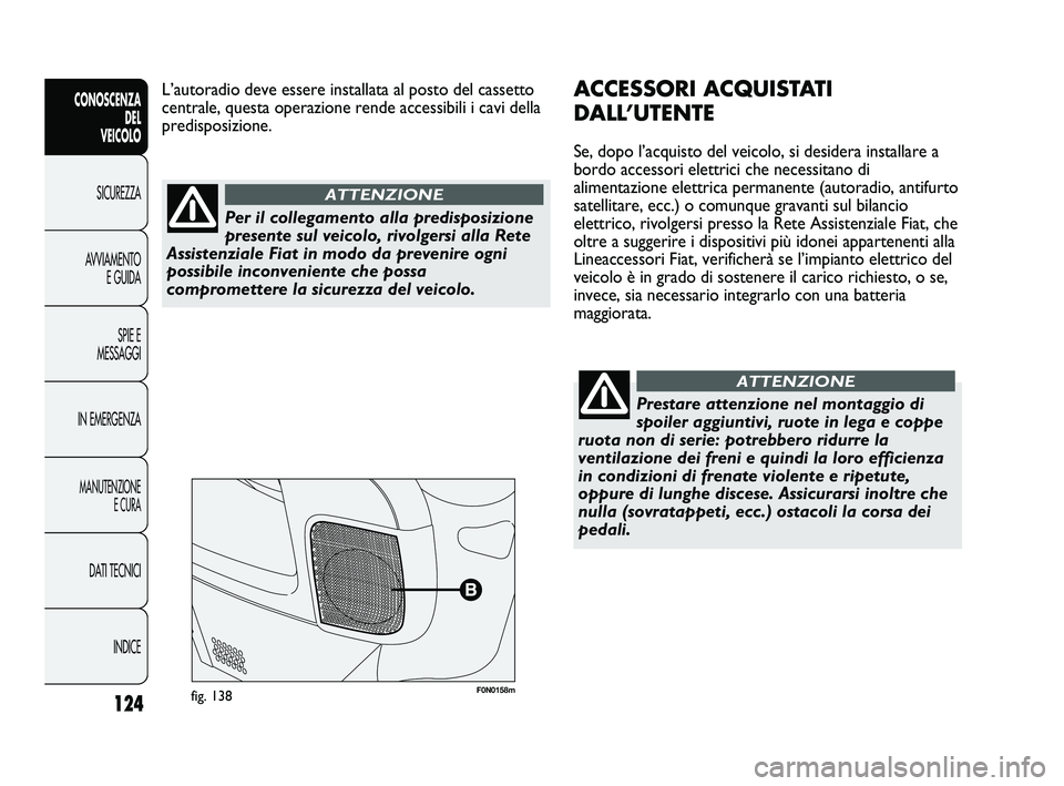 FIAT DUCATO 2010 Libretto Uso Manutenzione (in Italian) 124
CONOSCENZA
DEL
VEICOLO
SICUREZZA
AVVIAMENTO
E GUIDA
SPIE E
MESSAGGI
IN EMERGENZA
MANUTENZIONE
E CURA
DATI TECNICI
INDICE
F0N0158mfig. 138
ACCESSORI ACQUISTATI
DALL’UTENTE
Se, dopo l’acquisto FIAT DUCATO 2010 Libretto Uso Manutenzione (in Italian) 124
CONOSCENZA
DEL
VEICOLO
SICUREZZA
AVVIAMENTO
E GUIDA
SPIE E
MESSAGGI
IN EMERGENZA
MANUTENZIONE
E CURA
DATI TECNICI
INDICE
F0N0158mfig. 138
ACCESSORI ACQUISTATI
DALL’UTENTE
Se, dopo l’acquisto