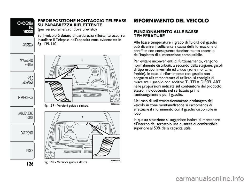 FIAT DUCATO 2010 Libretto Uso Manutenzione (in Italian) 126
CONOSCENZA
DEL
VEICOLO
SICUREZZA
AVVIAMENTO
E GUIDA
SPIE E
MESSAGGI
IN EMERGENZA
MANUTENZIONE
E CURA
DATI TECNICI
INDICE
F0N0246mfig. 140 - Versioni guida a destra
F0N0245mfig. 139 - Versioni gui FIAT DUCATO 2010 Libretto Uso Manutenzione (in Italian) 126
CONOSCENZA
DEL
VEICOLO
SICUREZZA
AVVIAMENTO
E GUIDA
SPIE E
MESSAGGI
IN EMERGENZA
MANUTENZIONE
E CURA
DATI TECNICI
INDICE
F0N0246mfig. 140 - Versioni guida a destra
F0N0245mfig. 139 - Versioni gui