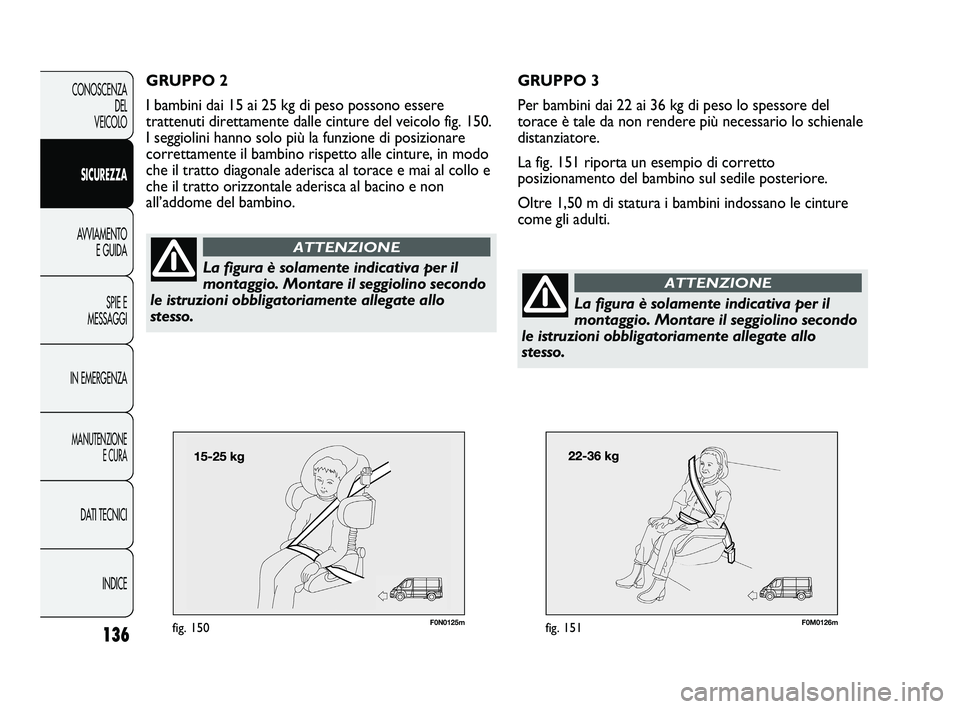 FIAT DUCATO 2010 Libretto Uso Manutenzione (in Italian) 136
CONOSCENZA
DEL
VEICOLO
SICUREZZA
AVVIAMENTO
E GUIDA
SPIE E
MESSAGGI
IN EMERGENZA
MANUTENZIONE
E CURA
DATI TECNICI
INDICE
F0N0125mfig. 150F0M0126mfig. 151
GRUPPO 3
Per bambini dai 22 ai 36 kg di p FIAT DUCATO 2010 Libretto Uso Manutenzione (in Italian) 136
CONOSCENZA
DEL
VEICOLO
SICUREZZA
AVVIAMENTO
E GUIDA
SPIE E
MESSAGGI
IN EMERGENZA
MANUTENZIONE
E CURA
DATI TECNICI
INDICE
F0N0125mfig. 150F0M0126mfig. 151
GRUPPO 3
Per bambini dai 22 ai 36 kg di p