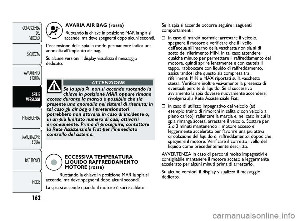 FIAT DUCATO 2010  Libretto Uso Manutenzione (in Italian) 162
CONOSCENZA
DEL 
VEICOLO
SICUREZZA
AVVIAMENTO
E GUIDA
SPIE E
MESSAGGI
IN EMERGENZA
MANUTENZIONE
E CURA
DATI TECNICI
INDICE
AVARIA AIR BAG (rossa)
Ruotando la chiave in posizione MAR la spia si
acce