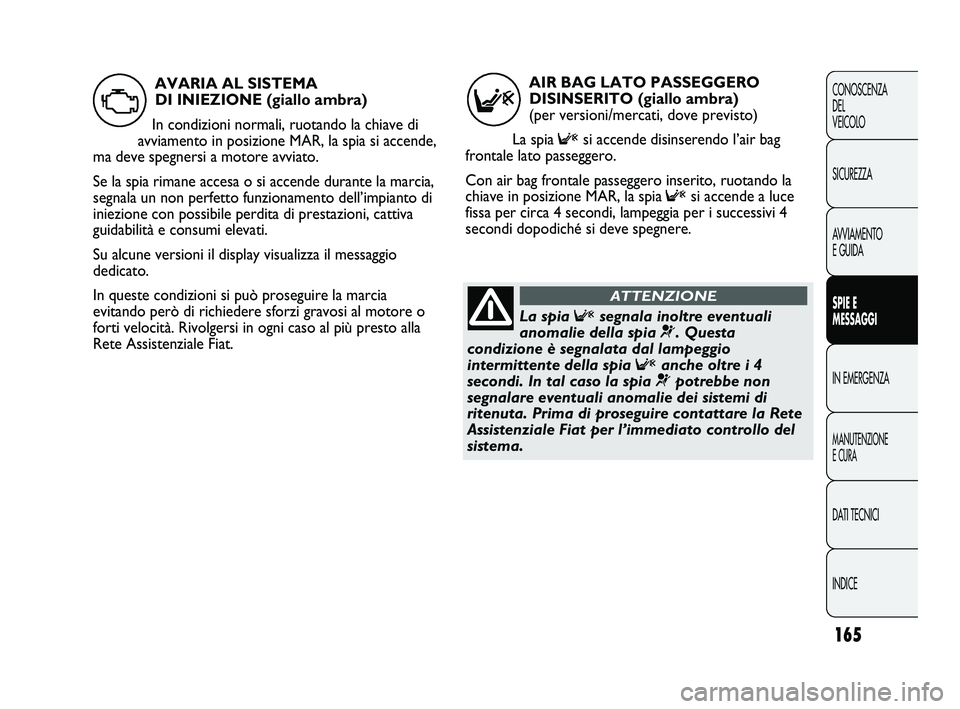 FIAT DUCATO 2010  Libretto Uso Manutenzione (in Italian) 165
CONOSCENZA
DEL 
VEICOLO
SICUREZZA
AVVIAMENTO
E GUIDA
SPIE E
MESSAGGI
IN EMERGENZA
MANUTENZIONE
E CURA
DATI TECNICI
INDICE
AIR BAG LATO PASSEGGERO
DISINSERITO (giallo ambra) 
(per versioni/mercati,
