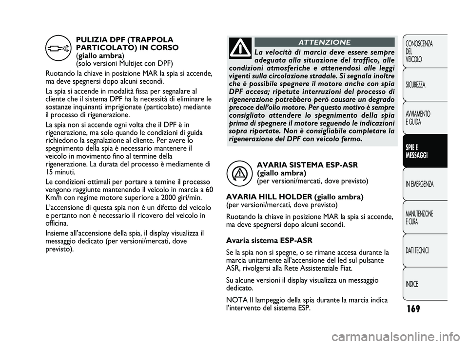 FIAT DUCATO 2010 Libretto Uso Manutenzione (in Italian) 169
CONOSCENZA
DEL
VEICOLO
SICUREZZA
AVVIAMENTO
E GUIDA
SPIE E
MESSAGGI
IN EMERGENZA
MANUTENZIONE
E CURA
DATI TECNICI
INDICE
AVARIA SISTEMA ESP-ASR
(giallo ambra)
(per versioni/mercati, dove previs FIAT DUCATO 2010 Libretto Uso Manutenzione (in Italian) 169
CONOSCENZA
DEL
VEICOLO
SICUREZZA
AVVIAMENTO
E GUIDA
SPIE E
MESSAGGI
IN EMERGENZA
MANUTENZIONE
E CURA
DATI TECNICI
INDICE
AVARIA SISTEMA ESP-ASR
(giallo ambra)
(per versioni/mercati, dove previs