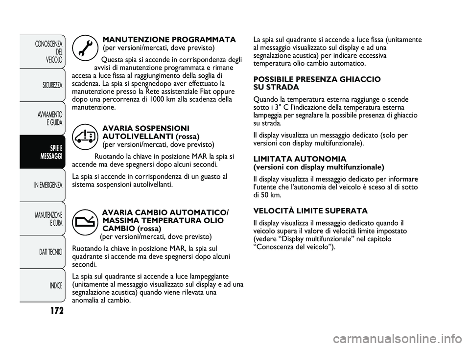 FIAT DUCATO 2010 Libretto Uso Manutenzione (in Italian) La spia sul quadrante si accende a luce fissa (unitamente
al messaggio visualizzato sul display e ad una
segnalazione acustica) per indicare eccessiva
temperatura olio cambio automatico.
POSSIBILE PRE FIAT DUCATO 2010 Libretto Uso Manutenzione (in Italian) La spia sul quadrante si accende a luce fissa (unitamente
al messaggio visualizzato sul display e ad una
segnalazione acustica) per indicare eccessiva
temperatura olio cambio automatico.
POSSIBILE PRE
