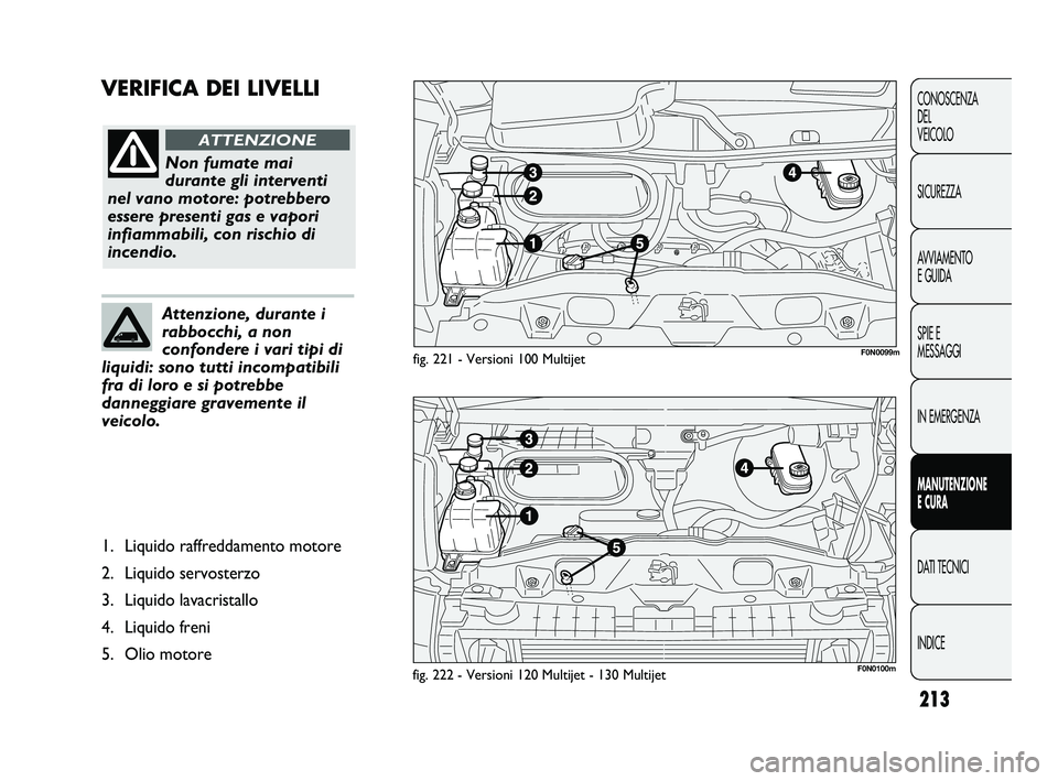 FIAT DUCATO 2010  Libretto Uso Manutenzione (in Italian) 213
CONOSCENZA
DEL 
VEICOLO
SICUREZZA
AVVIAMENTO
E GUIDA
SPIE E
MESSAGGI
IN EMERGENZA
MANUTENZIONE
E CURA
DATI TECNICI
INDICE
VERIFICA DEI LIVELLI
fig. 221 - Versioni 100 Multijet
fig. 222 - Versioni 