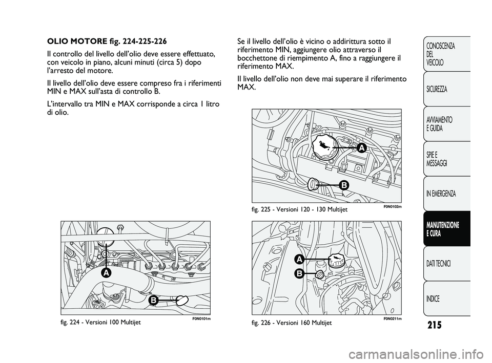 FIAT DUCATO 2010  Libretto Uso Manutenzione (in Italian) 215
CONOSCENZA
DEL 
VEICOLO
SICUREZZA
AVVIAMENTO
E GUIDA
SPIE E
MESSAGGI
IN EMERGENZA
MANUTENZIONE
E CURA
DATI TECNICI
INDICE
F0N0101mfig. 224 - Versioni 100 MultijetF0N0211mfig. 226 - Versioni 160 Mu