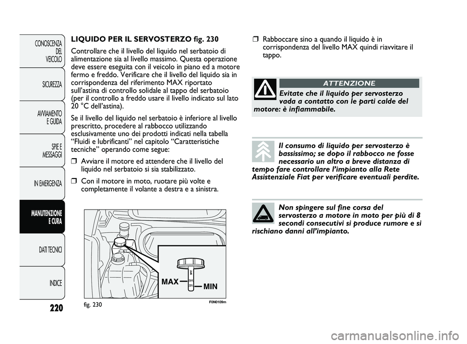 FIAT DUCATO 2010 Libretto Uso Manutenzione (in Italian) F0N0109mfig. 230
LIQUIDO PER IL SERVOSTERZO fig. 230
Controllare che il livello del liquido nel serbatoio di
alimentazione sia al livello massimo. Questa operazione
deve essere eseguita con il veicolo FIAT DUCATO 2010 Libretto Uso Manutenzione (in Italian) F0N0109mfig. 230
LIQUIDO PER IL SERVOSTERZO fig. 230
Controllare che il livello del liquido nel serbatoio di
alimentazione sia al livello massimo. Questa operazione
deve essere eseguita con il veicolo