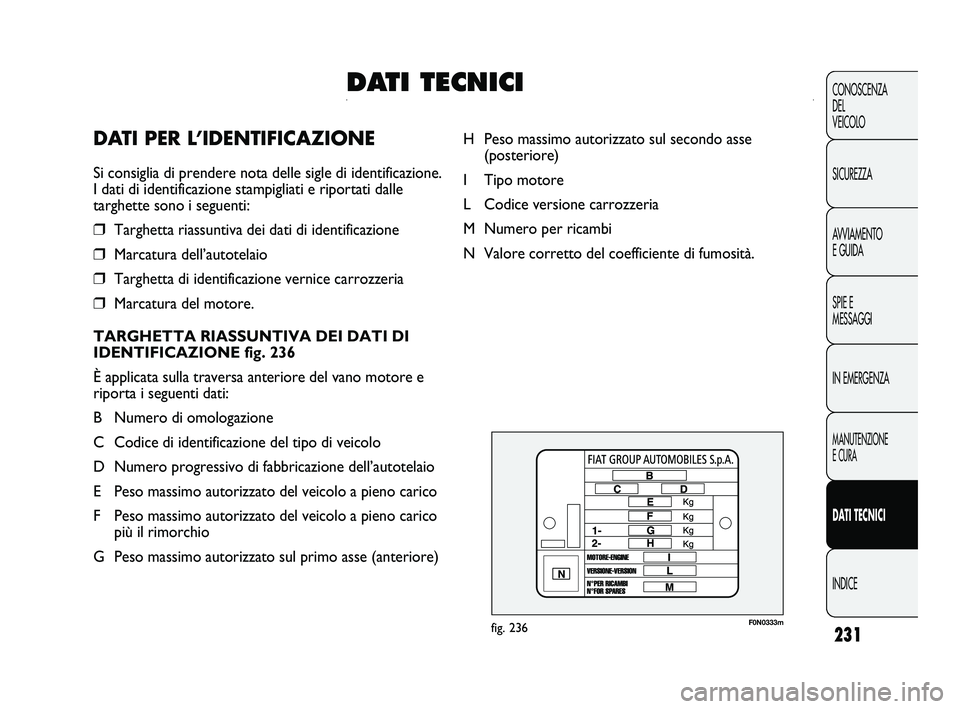 FIAT DUCATO 2010 Libretto Uso Manutenzione (in Italian) 231
CONOSCENZA
DEL
VEICOLO
SICUREZZA
AVVIAMENTO
E GUIDA
SPIE E
MESSAGGI
IN EMERGENZA
MANUTENZIONE
E CURA
DATI TECNICI
INDICE
F0N0333mfig. 236
H Peso massimo autorizzato sul secondo asse
(pos FIAT DUCATO 2010 Libretto Uso Manutenzione (in Italian) 231
CONOSCENZA
DEL
VEICOLO
SICUREZZA
AVVIAMENTO
E GUIDA
SPIE E
MESSAGGI
IN EMERGENZA
MANUTENZIONE
E CURA
DATI TECNICI
INDICE
F0N0333mfig. 236
H Peso massimo autorizzato sul secondo asse
(pos