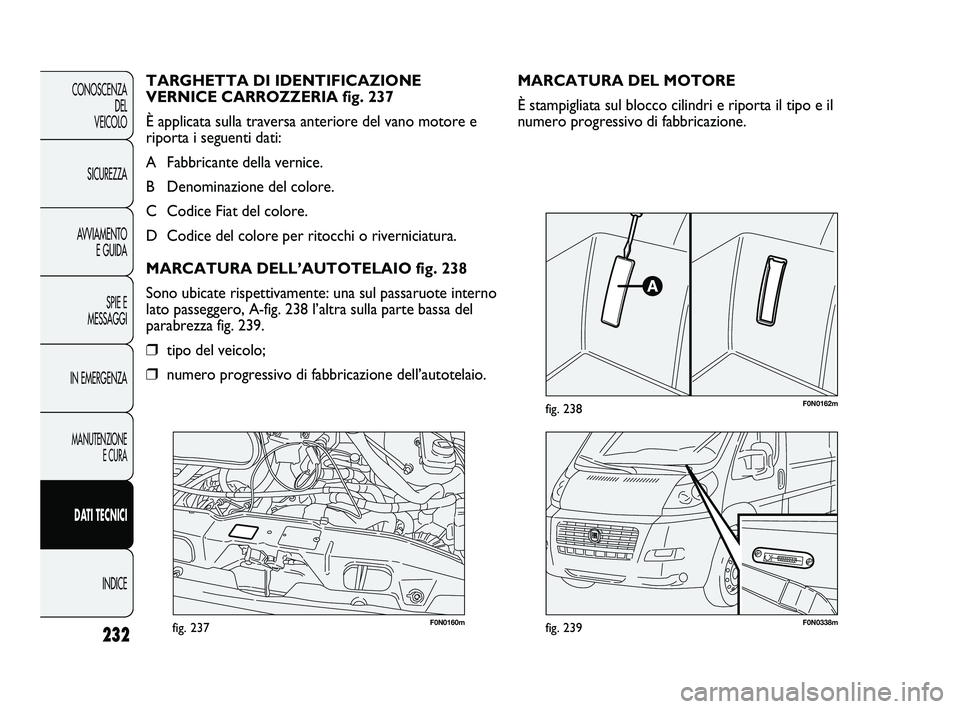 FIAT DUCATO 2010  Libretto Uso Manutenzione (in Italian) 232
CONOSCENZA
DEL 
VEICOLO
SICUREZZA
AVVIAMENTO
E GUIDA
SPIE E
MESSAGGI
IN EMERGENZA
MANUTENZIONE
E CURA
DATI TECNICI
INDICE
F0N0160mfig. 237F0N0338mfig. 239
F0N0162mfig. 238
MARCATURA DEL MOTORE
È 