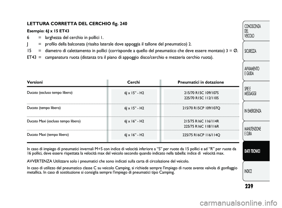 FIAT DUCATO 2010 Libretto Uso Manutenzione (in Italian) 239
CONOSCENZA
DEL
VEICOLO
SICUREZZA
AVVIAMENTO
E GUIDA
SPIE E
MESSAGGI
IN EMERGENZA
MANUTENZIONE
E CURA
DATI TECNICI
INDICE
LETTURA CORRETTA DEL CERCHIO fig. 240
Esempio: 6J x 15 ET43
6 = larghezza FIAT DUCATO 2010 Libretto Uso Manutenzione (in Italian) 239
CONOSCENZA
DEL
VEICOLO
SICUREZZA
AVVIAMENTO
E GUIDA
SPIE E
MESSAGGI
IN EMERGENZA
MANUTENZIONE
E CURA
DATI TECNICI
INDICE
LETTURA CORRETTA DEL CERCHIO fig. 240
Esempio: 6J x 15 ET43
6 = larghezza