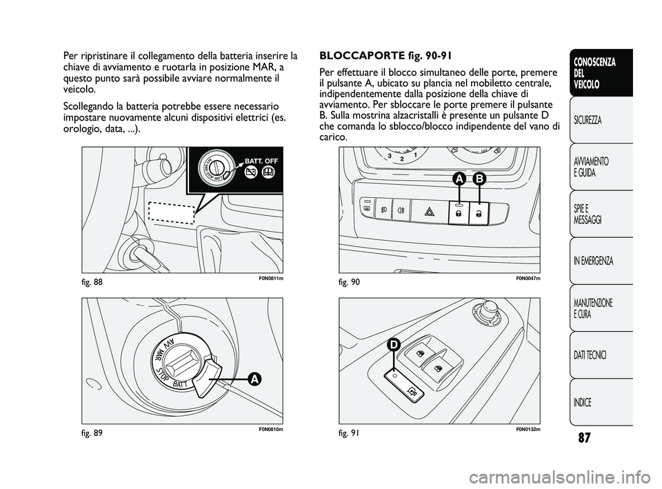 FIAT DUCATO 2010  Libretto Uso Manutenzione (in Italian) 87
CONOSCENZA
DEL
VEICOLO
SICUREZZA
AVVIAMENTO
E GUIDA
SPIE E
MESSAGGI
IN EMERGENZA
MANUTENZIONE
E CURA
DATI TECNICI
INDICE
F0N0811mfig. 88
F0N0810mfig. 89F0N0132mfig. 91
F0N0047mfig. 90
BLOCCAPORTE f