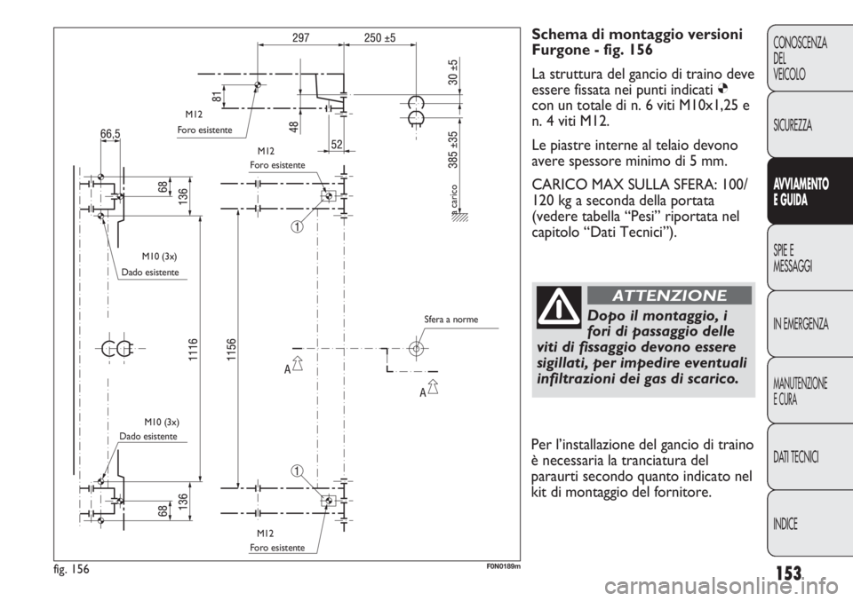 FIAT DUCATO 2011  Libretto Uso Manutenzione (in Italian) 153
CONOSCENZA
DEL
VEICOLO
SICUREZZA
AVVIAMENTO
E GUIDA
SPIE E
MESSAGGI
IN EMERGENZA
MANUTENZIONE
E CURA
DATI TECNICI
INDICE
Schema di montaggio versioni
Furgone - fig. 156
La struttura del gancio di 