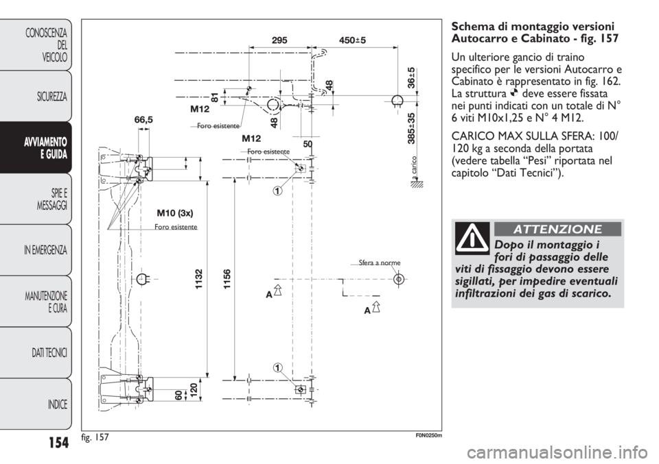 FIAT DUCATO 2011  Libretto Uso Manutenzione (in Italian) 154
CONOSCENZA
DEL
VEICOLO
SICUREZZA
AVVIAMENTO
E GUIDA
SPIE E
MESSAGGI
IN EMERGENZA
MANUTENZIONE
E CURA
DATI TECNICI
INDICE
Schema di montaggio versioni
Autocarro e Cabinato - fig. 157
Un ulteriore g