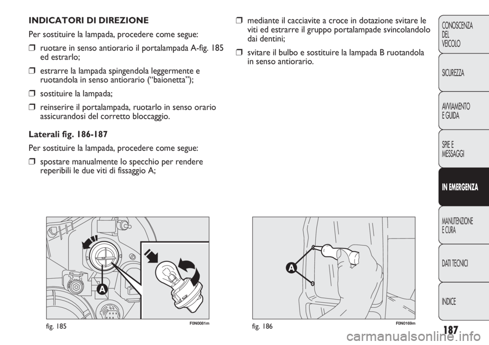FIAT DUCATO 2011  Libretto Uso Manutenzione (in Italian) 187
CONOSCENZA
DEL
VEICOLO
SICUREZZA
AVVIAMENTO
E GUIDA
SPIE E
MESSAGGI
IN EMERGENZA
MANUTENZIONE
E CURA
DATI TECNICI
INDICE
❒mediante il cacciavite a croce in dotazione svitare le
viti ed estrarre 