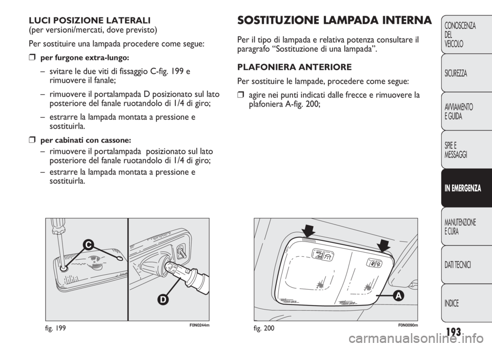 FIAT DUCATO 2011  Libretto Uso Manutenzione (in Italian) 193
CONOSCENZA
DEL
VEICOLO
SICUREZZA
AVVIAMENTO
E GUIDA
SPIE E
MESSAGGI
IN EMERGENZA
MANUTENZIONE
E CURA
DATI TECNICI
INDICE
F0N0244mfig. 199
SOSTITUZIONE LAMPADA INTERNA
Per il tipo di lampada e rela