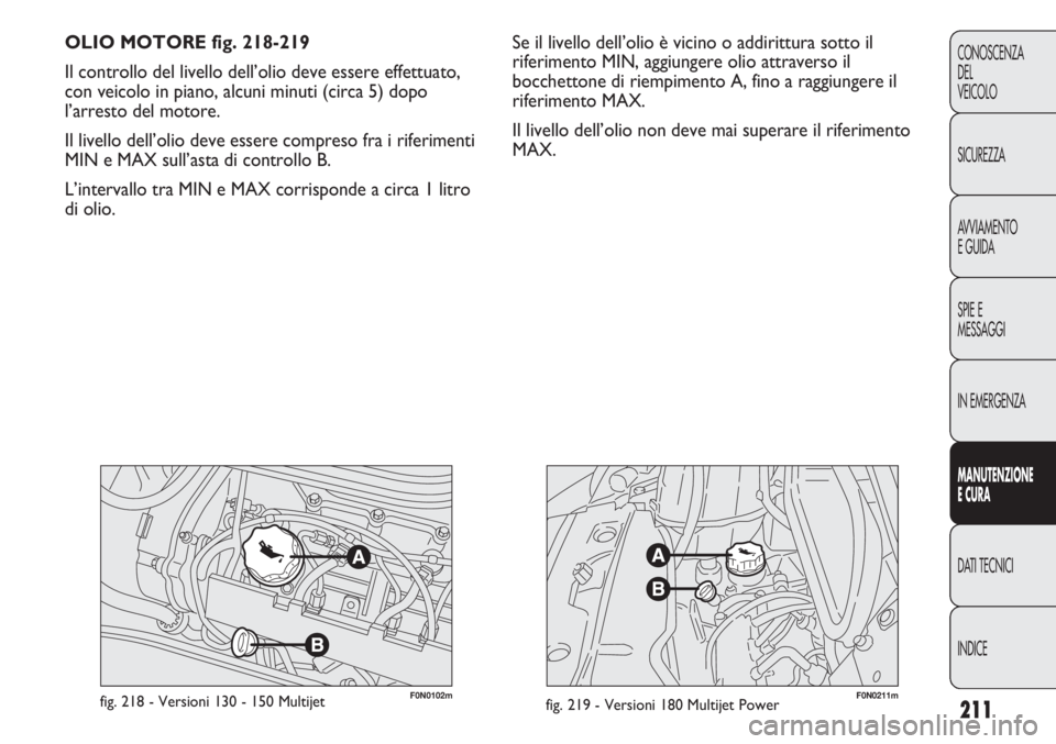 FIAT DUCATO 2011  Libretto Uso Manutenzione (in Italian) 211
CONOSCENZA
DEL
VEICOLO
SICUREZZA
AVVIAMENTO
E GUIDA
SPIE E
MESSAGGI
IN EMERGENZA
MANUTENZIONE
E CURA
DATI TECNICI
INDICE
F0N0211mfig. 219 - Versioni 180 Multijet PowerF0N0102mfig. 218 - Versioni 1