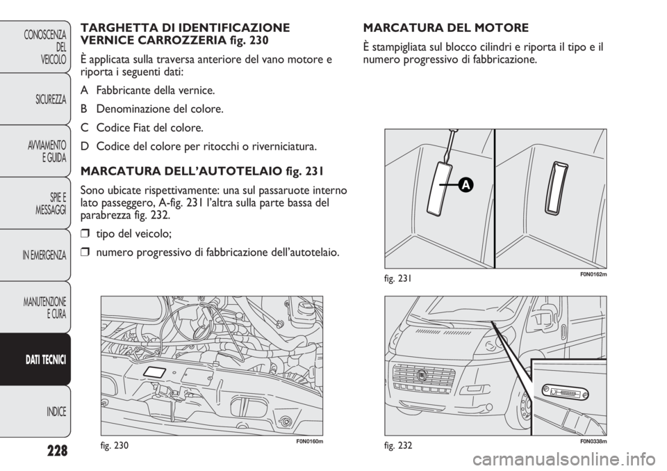 FIAT DUCATO 2011  Libretto Uso Manutenzione (in Italian) 228
CONOSCENZA
DEL
VEICOLO
SICUREZZA
AVVIAMENTO
E GUIDA
SPIE E
MESSAGGI
IN EMERGENZA
MANUTENZIONE
E CURA
DATI TECNICI
INDICE
F0N0160mfig. 230F0N0338mfig. 232
F0N0162mfig. 231
MARCATURA DEL MOTORE
È s