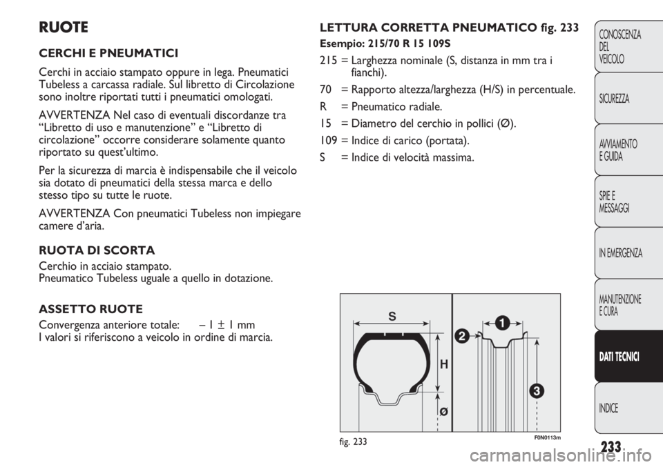 FIAT DUCATO 2011  Libretto Uso Manutenzione (in Italian) 233
CONOSCENZA
DEL
VEICOLO
SICUREZZA
AVVIAMENTO
E GUIDA
SPIE E
MESSAGGI
IN EMERGENZA
MANUTENZIONE
E CURA
DATI TECNICI
INDICE
RUOTE
CERCHI E PNEUMATICI
Cerchi in acciaio stampato oppure in lega. Pneuma