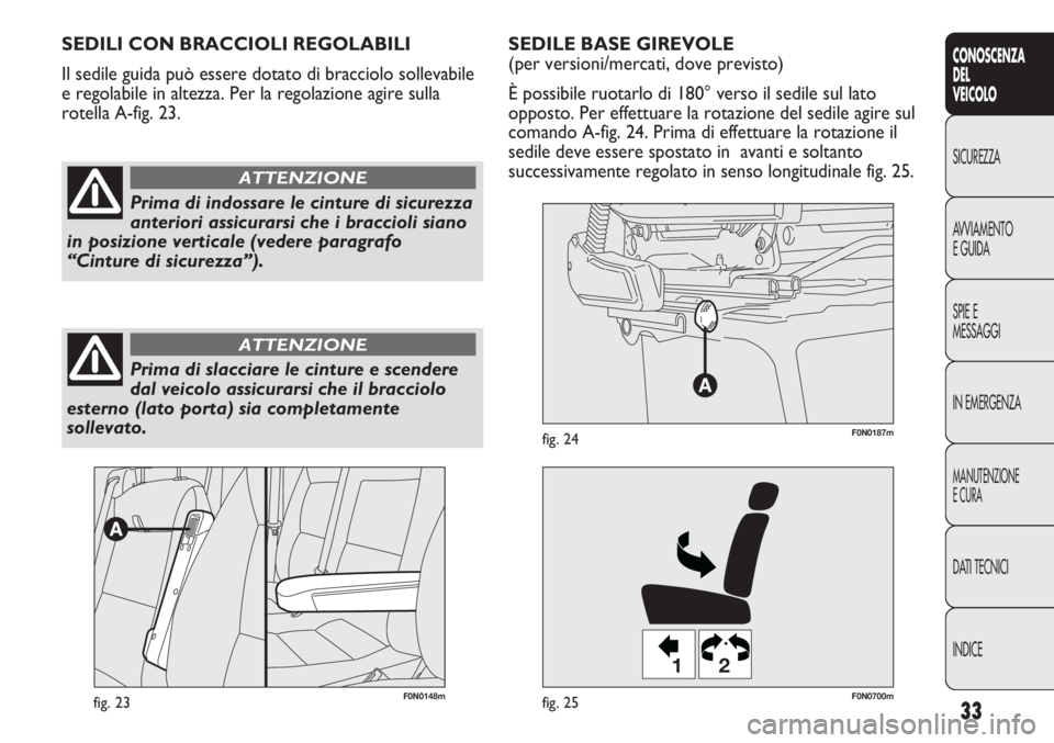 FIAT DUCATO 2011  Libretto Uso Manutenzione (in Italian) 33
CONOSCENZA
DEL
VEICOLO
SICUREZZA
AVVIAMENTO
E GUIDA
SPIE E
MESSAGGI
IN EMERGENZA
MANUTENZIONE
E CURA
DATI TECNICI
INDICE
F0N0148mfig. 23
12
F0N0700mfig. 25
F0N0187mfig. 24
SEDILE BASE GIREVOLE 
(pe