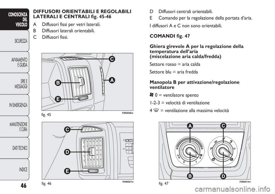 FIAT DUCATO 2011  Libretto Uso Manutenzione (in Italian) F0N0026mfig. 45
F0N0027mfig. 46F0N0514mfig. 47
D Diffusori centrali orientabili.
E Comando per la regolazione della portata d’aria.
I diffusori A e C non sono orientabili.
COMANDI fig. 47
Ghiera gir