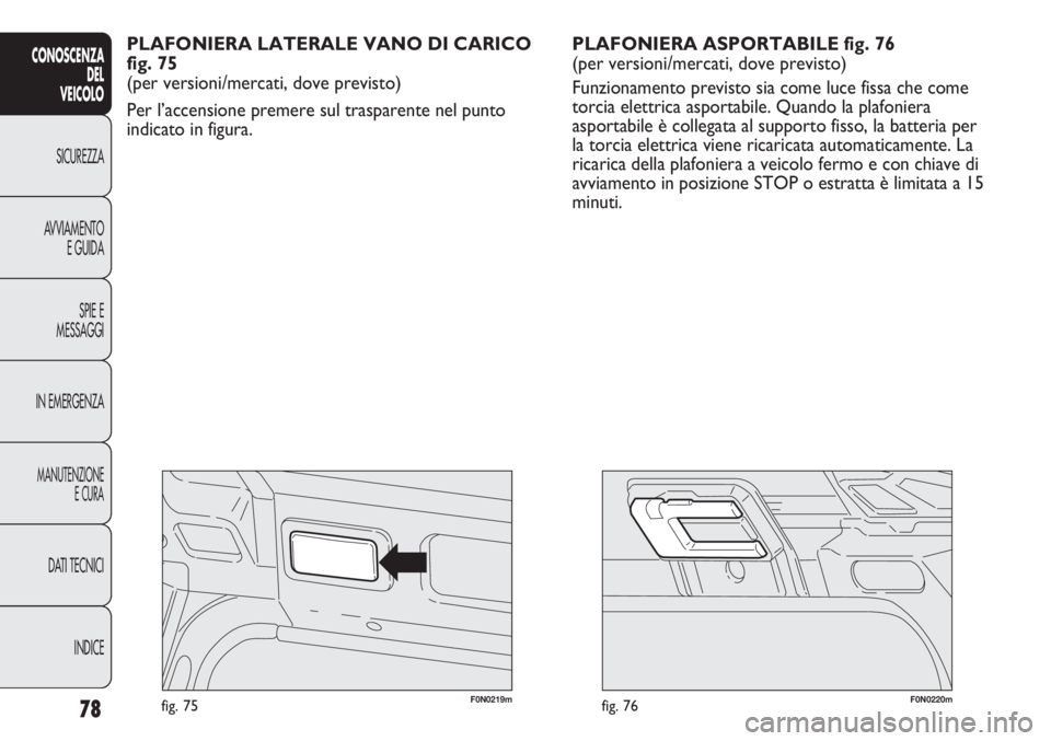 FIAT DUCATO 2011  Libretto Uso Manutenzione (in Italian) 78
CONOSCENZA
DEL
VEICOLO
SICUREZZA
AVVIAMENTO
E GUIDA
SPIE E
MESSAGGI
IN EMERGENZA
MANUTENZIONE
E CURA
DATI TECNICI
INDICE
F0N0220mfig. 76F0N0219mfig. 75
PLAFONIERA ASPORTABILE fig. 76
(per versioni/