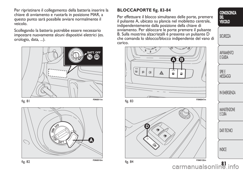 FIAT DUCATO 2011  Libretto Uso Manutenzione (in Italian) 81
CONOSCENZA
DEL
VEICOLO
SICUREZZA
AVVIAMENTO
E GUIDA
SPIE E
MESSAGGI
IN EMERGENZA
MANUTENZIONE
E CURA
DATI TECNICI
INDICE
F0N0811mfig. 81
F0N0810mfig. 82F0N0132mfig. 84
F0N0047mfig. 83
BLOCCAPORTE f