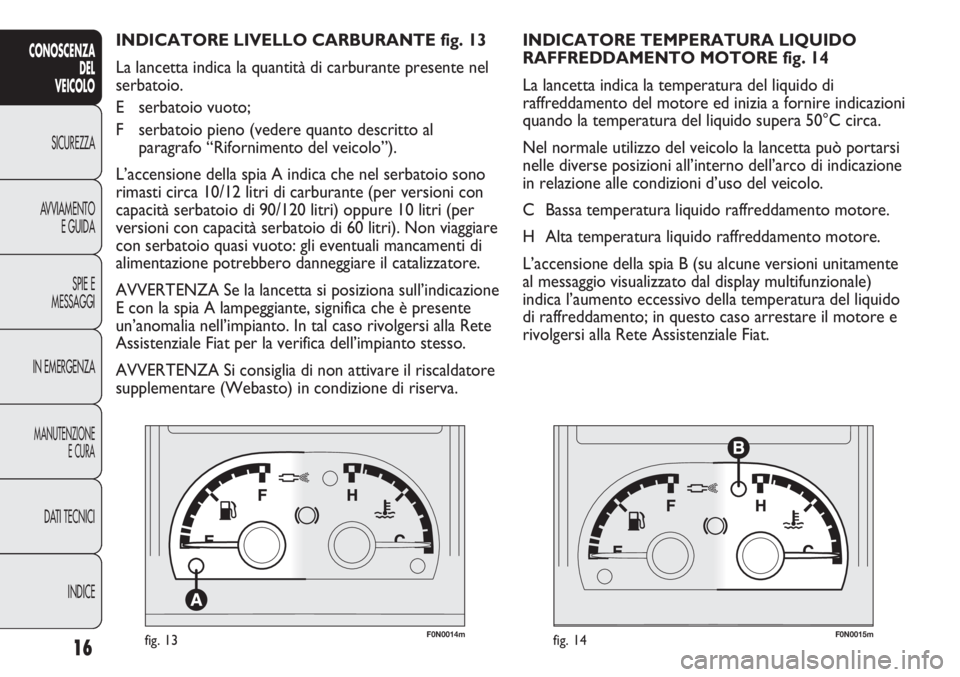 FIAT DUCATO 2013 Libretto Uso Manutenzione (in Italian) F0N0014mfig. 13F0N0015mfig. 14
INDICATORE TEMPERATURA LIQUIDO
RAFFREDDAMENTO MOTORE fig. 14
La lancetta indica la temperatura del liquido di
raffreddamento del motore ed inizia a fornire indicazioni
FIAT DUCATO 2013 Libretto Uso Manutenzione (in Italian) F0N0014mfig. 13F0N0015mfig. 14
INDICATORE TEMPERATURA LIQUIDO
RAFFREDDAMENTO MOTORE fig. 14
La lancetta indica la temperatura del liquido di
raffreddamento del motore ed inizia a fornire indicazioni