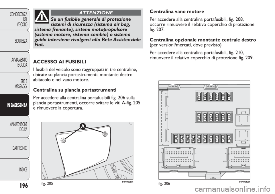 FIAT DUCATO 2013 Libretto Uso Manutenzione (in Italian) 196
CONOSCENZA
DEL
VEICOLO
SICUREZZA
AVVIAMENTO
E GUIDA
SPIE E
MESSAGGI
IN EMERGENZA
MANUTENZIONE
E CURA
DATI TECNICI
INDICE
Se un fusibile generale di protezione
sistemi di sicurezza (sistema air bag FIAT DUCATO 2013 Libretto Uso Manutenzione (in Italian) 196
CONOSCENZA
DEL
VEICOLO
SICUREZZA
AVVIAMENTO
E GUIDA
SPIE E
MESSAGGI
IN EMERGENZA
MANUTENZIONE
E CURA
DATI TECNICI
INDICE
Se un fusibile generale di protezione
sistemi di sicurezza (sistema air bag