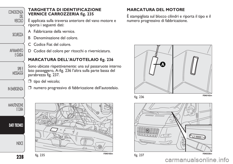 FIAT DUCATO 2013  Libretto Uso Manutenzione (in Italian) 228
CONOSCENZA
DEL
VEICOLO
SICUREZZA
AVVIAMENTO
E GUIDA
SPIE E
MESSAGGI
IN EMERGENZA
MANUTENZIONE
E CURA
DATI TECNICI
INDICE
F0N0160mfig. 235F0N0338mfig. 237
F0N0162mfig. 236
MARCATURA DEL MOTORE
È s