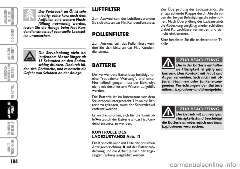FIAT DUCATO 2006 Betriebsanleitung (in German) 184
KONTROLL-
LEUCHTEN UND
ANZEIGEN
TECHNISCHE
MERKMALE
INHALTS-
VERZEICHNIS
ARMATUREN-
BRETT UND
BEDIENELEMENTE
SICHERHEIT
ANLASSEN
UND FAHRT
IM NOTFALL
WARTUNG UND
PFLEGE
LUFTFILTER
Zum Auswechseln FIAT DUCATO 2006 Betriebsanleitung (in German) 184
KONTROLL-
LEUCHTEN UND
ANZEIGEN
TECHNISCHE
MERKMALE
INHALTS-
VERZEICHNIS
ARMATUREN-
BRETT UND
BEDIENELEMENTE
SICHERHEIT
ANLASSEN
UND FAHRT
IM NOTFALL
WARTUNG UND
PFLEGE
LUFTFILTER
Zum Auswechseln