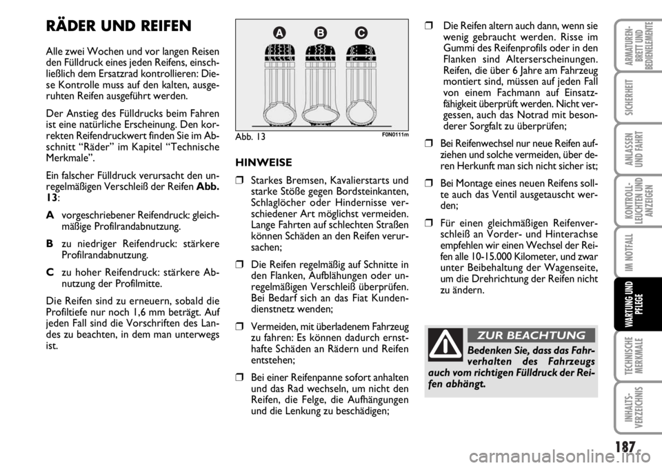 FIAT DUCATO 2006 Betriebsanleitung (in German) 187
KONTROLL-
LEUCHTEN UND
ANZEIGEN
TECHNISCHE
MERKMALE
INHALTS-
VERZEICHNIS
ARMATUREN-
BRETT UND
BEDIENELEMENTE
SICHERHEIT
ANLASSEN
UND FAHRT
IM NOTFALL
WARTUNG UND
PFLEGE
RÄDER UND REIFEN
Alle zwei FIAT DUCATO 2006 Betriebsanleitung (in German) 187
KONTROLL-
LEUCHTEN UND
ANZEIGEN
TECHNISCHE
MERKMALE
INHALTS-
VERZEICHNIS
ARMATUREN-
BRETT UND
BEDIENELEMENTE
SICHERHEIT
ANLASSEN
UND FAHRT
IM NOTFALL
WARTUNG UND
PFLEGE
RÄDER UND REIFEN
Alle zwei