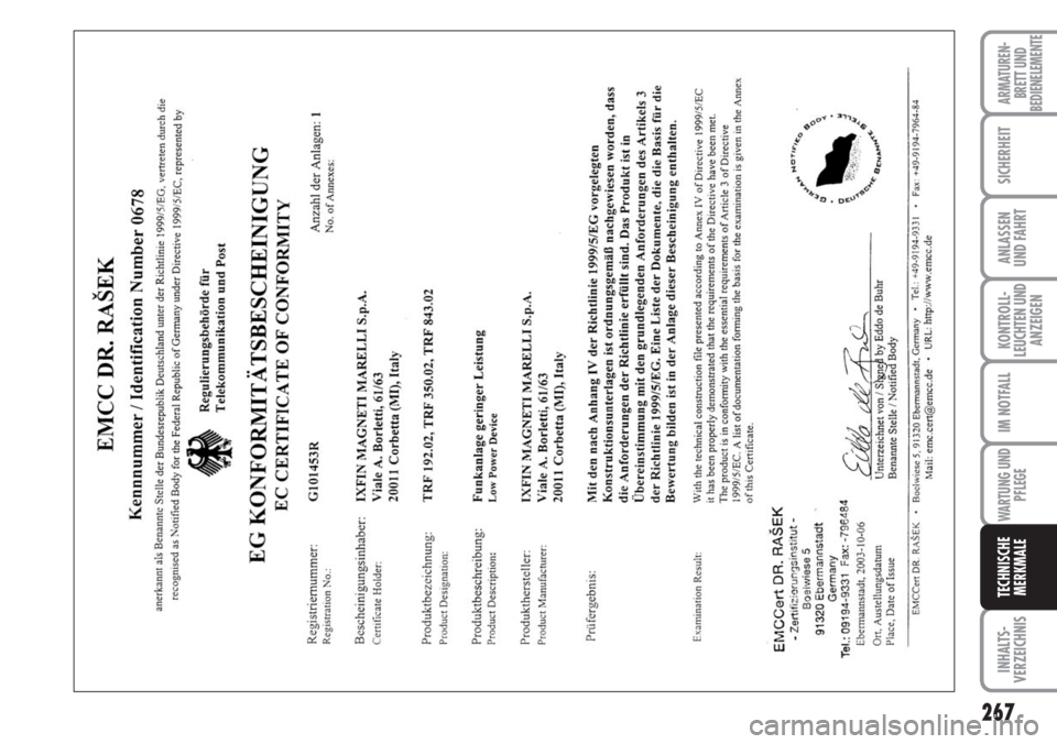 FIAT DUCATO 2007  Betriebsanleitung (in German) 267
KONTROLL-
LEUCHTEN UND
ANZEIGEN
INHALTS-
VERZEICHNIS
ARMATUREN-
BRETT UND
BEDIENELEMENTE
SICHERHEIT
ANLASSEN
UND FAHRT
IM NOTFALL
WARTUNG UND
PFLEGE
TECHNISCHE
MERKMALE 