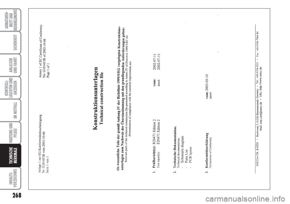 FIAT DUCATO 2007  Betriebsanleitung (in German) 268
KONTROLL-
LEUCHTEN UND
ANZEIGEN
INHALTS-
VERZEICHNIS
ARMATUREN-
BRETT UND
BEDIENELEMENTE
SICHERHEIT
ANLASSEN
UND FAHRT
IM NOTFALL
WARTUNG UND
PFLEGE
TECHNISCHE
MERKMALE 