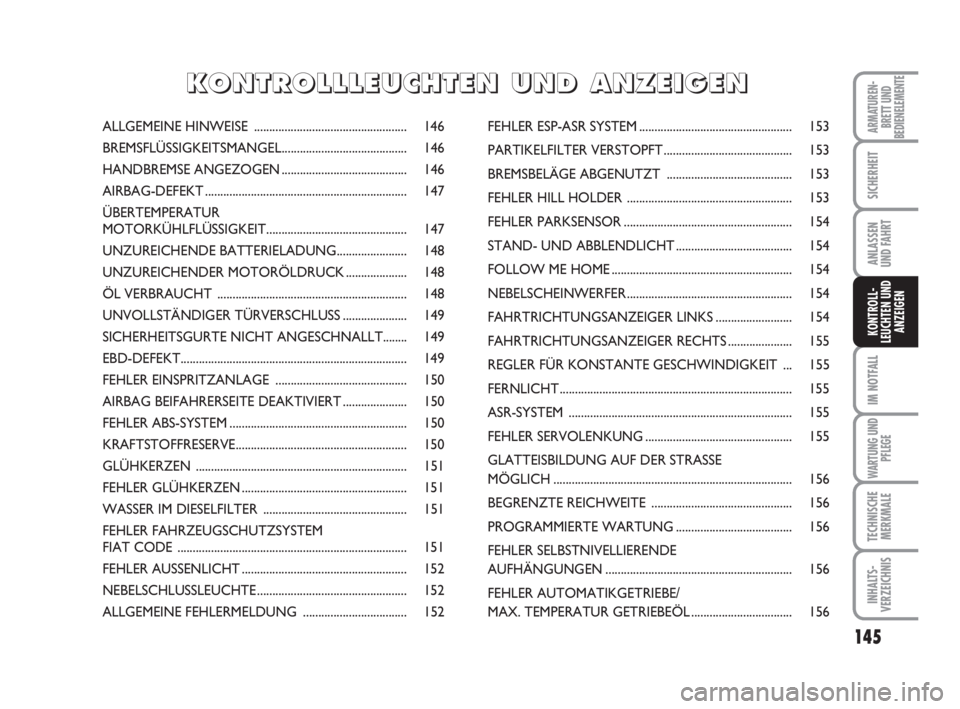 FIAT DUCATO 2008  Betriebsanleitung (in German) 145
IM NOTFALL
WARTUNG UND
PFLEGE
TECHNISCHE
MERKMALE
INHALTS-
VERZEICHNIS
ARMATUREN-
BRETT UND
BEDIENELEMENTE
SICHERHEIT
ANLASSEN
UND FAHRT
KONTROLL-
LEUCHTEN UND
ANZEIGEN
ALLGEMEINE HINWEISE .......