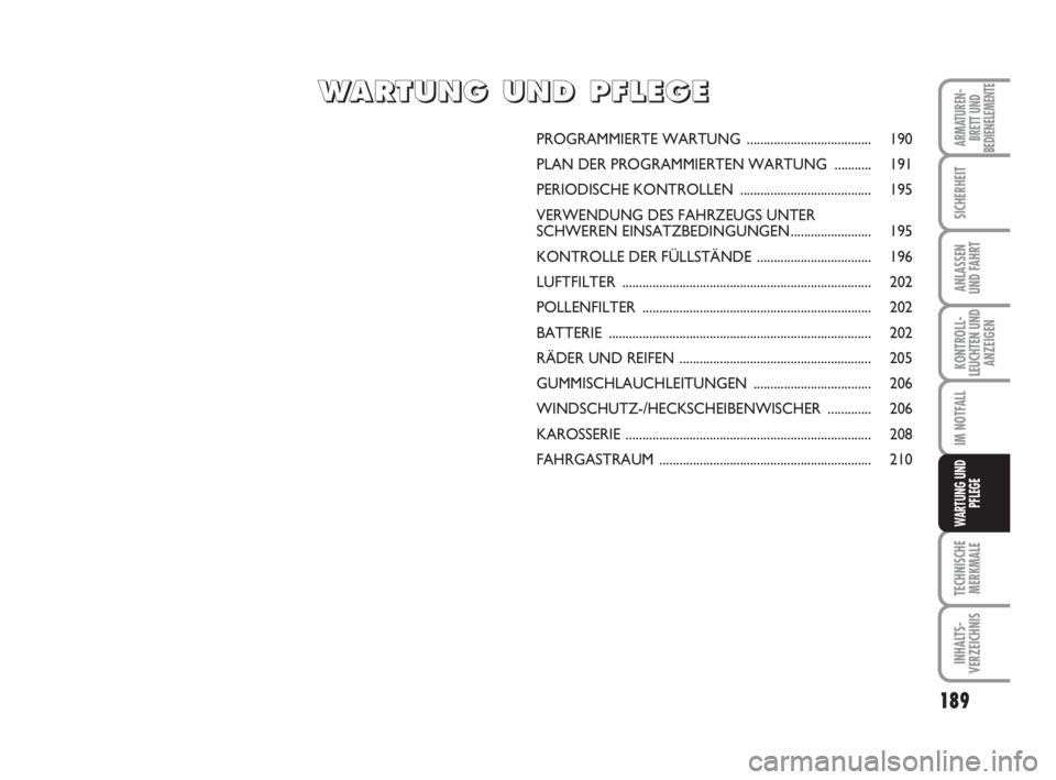 FIAT DUCATO 2008 Betriebsanleitung (in German) 189
KONTROLL-
LEUCHTEN UND
ANZEIGEN
TECHNISCHE
MERKMALE
INHALTS-
VERZEICHNIS
ARMATUREN-
BRETT UND
BEDIENELEMENTE
SICHERHEIT
ANLASSEN
UND FAHRT
IM NOTFALL
WARTUNG UND
PFLEGE
PROGRAMMIERTE WARTUNG ..... FIAT DUCATO 2008 Betriebsanleitung (in German) 189
KONTROLL-
LEUCHTEN UND
ANZEIGEN
TECHNISCHE
MERKMALE
INHALTS-
VERZEICHNIS
ARMATUREN-
BRETT UND
BEDIENELEMENTE
SICHERHEIT
ANLASSEN
UND FAHRT
IM NOTFALL
WARTUNG UND
PFLEGE
PROGRAMMIERTE WARTUNG .....