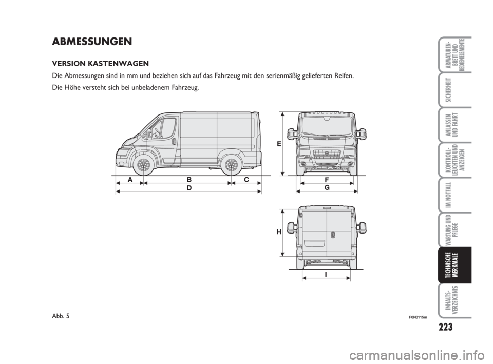 FIAT DUCATO 2008  Betriebsanleitung (in German) 223
KONTROLL-
LEUCHTEN UND
ANZEIGEN
INHALTS-
VERZEICHNIS
ARMATUREN-
BRETT UND
BEDIENELEMENTE
SICHERHEIT
ANLASSEN
UND FAHRT
IM NOTFALL
WARTUNG UND
PFLEGE
TECHNISCHE
MERKMALE
ABMESSUNGEN
VERSION KASTENW